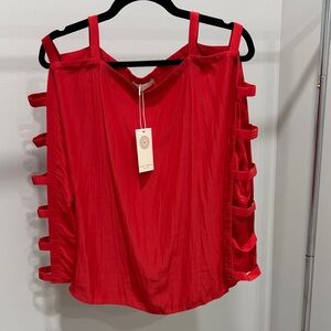 NWT Ramy Brook Red long sleeve Colby Blouse w/ Strap Accents sz S